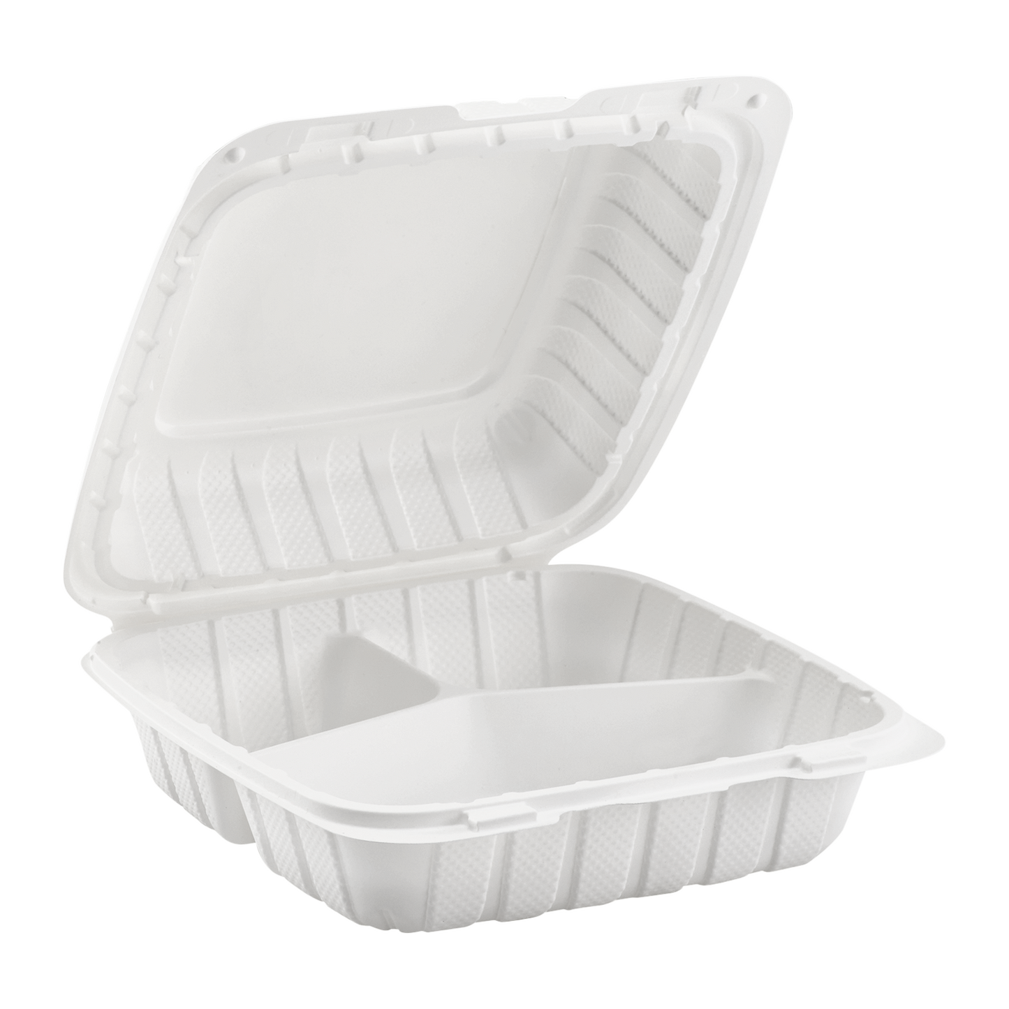 8 x 8 x 3 Sugarcane Bagasse 3 Compartment Clamshell Container
